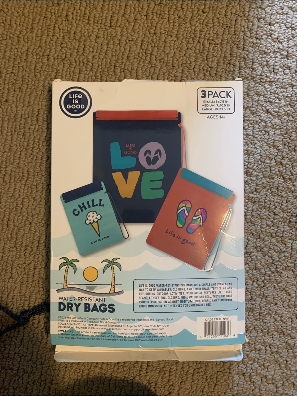 New in Box! Life is Good Water-Resistant Dry Bags 3-Pack - Blue/Turquoise/Orange